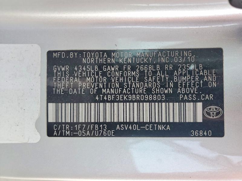 2011 Toyota Camry მანქანა იყიდება აუქციონზე, vin: 4T4BF3EK9BR098803, აუქციონის ნომერი: 50744276