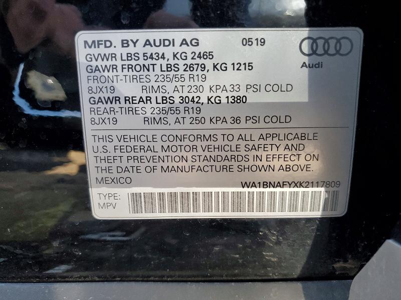 48651986 :رقم المزاد ، WA1BNAFYXK2117809 vin ، 2019 Audi Q5 مزاد بيع