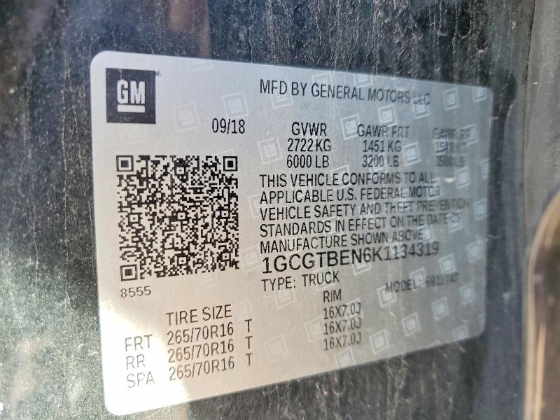 50383706 :رقم المزاد ، 1GCGTBEN6K1134319 vin ، 2019 Chevrolet Colorado مزاد بيع
