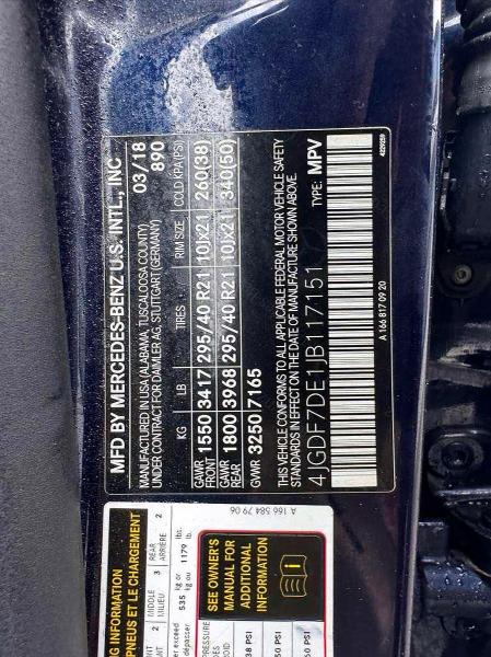 Aukcja sprzedaży 2018 Mercedes-benz Gls, vin: 4JGDF7DE1JB117151, numer aukcji: 50852576