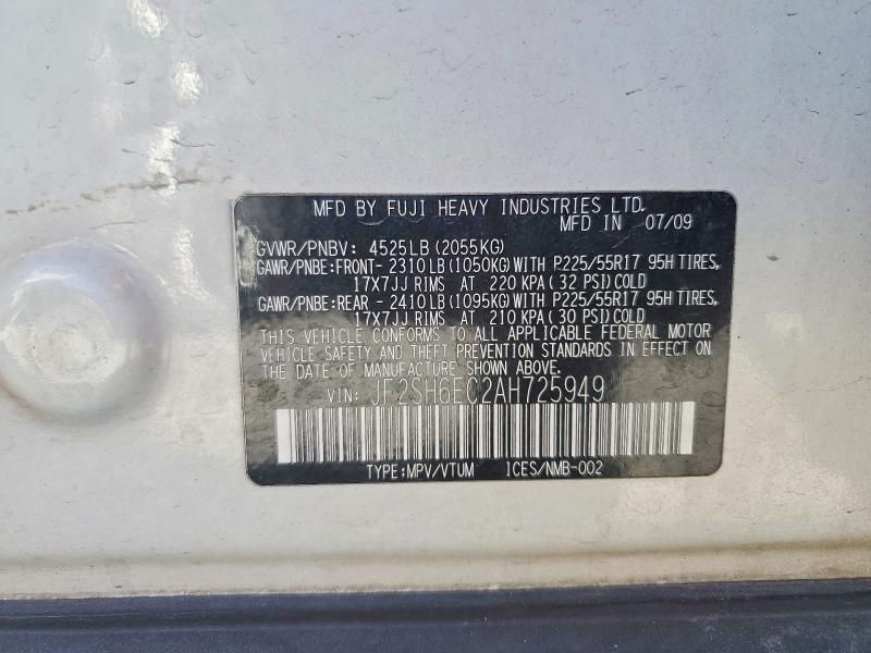 78647555 :رقم المزاد ، JF2SH6EC2AH725949 vin ، 2010 Subaru Forester مزاد بيع