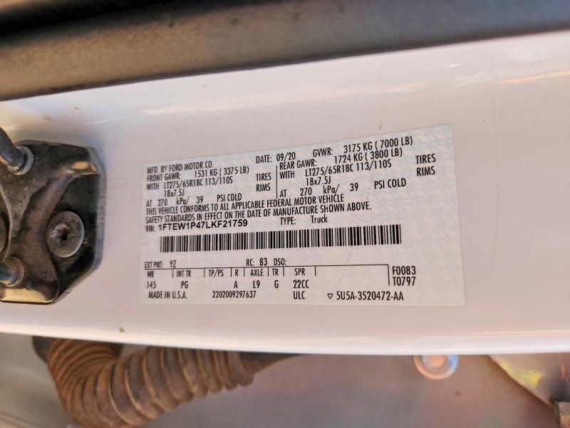 47086616 :رقم المزاد ، 1FTEW1P47LKF21759 vin ، 2020 Ford F150 مزاد بيع