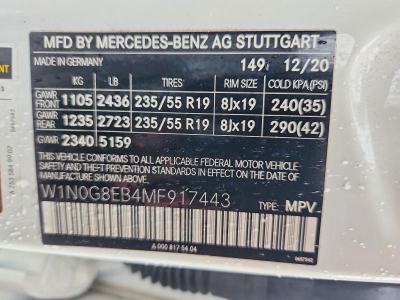 Продаж на аукціоні авто 2021 Mercedes-benz Glc, vin: W1N0G8EB4MF917443, номер лоту: 51546956