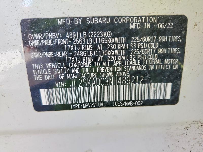 Aukcja sprzedaży 2022 Subaru Forester, vin: JF2SKADC3NH489212, numer aukcji: 48571716
