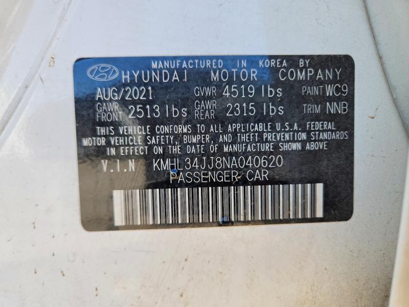 2022 Hyundai Sonata Hybrid მანქანა იყიდება აუქციონზე, vin: KMHL34JJ8NA040620, აუქციონის ნომერი: 48108336