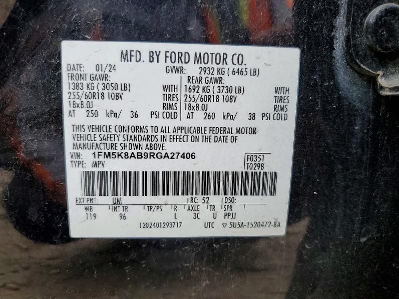2024 Ford Explorer მანქანა იყიდება აუქციონზე, vin: 1FM5K8AB9RGA27406, აუქციონის ნომერი: 50328206