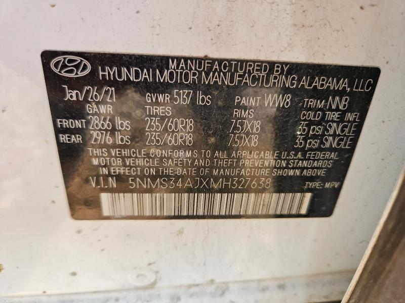 2021 Hyundai Santa Fe მანქანა იყიდება აუქციონზე, vin: 5NMS34AJXMH327638, აუქციონის ნომერი: 50809146