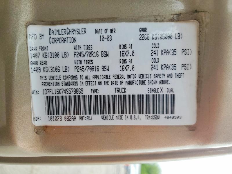 51674606 :رقم المزاد ، 1D7FL16K74S578869 vin ، 2004 Dodge Dakota مزاد بيع