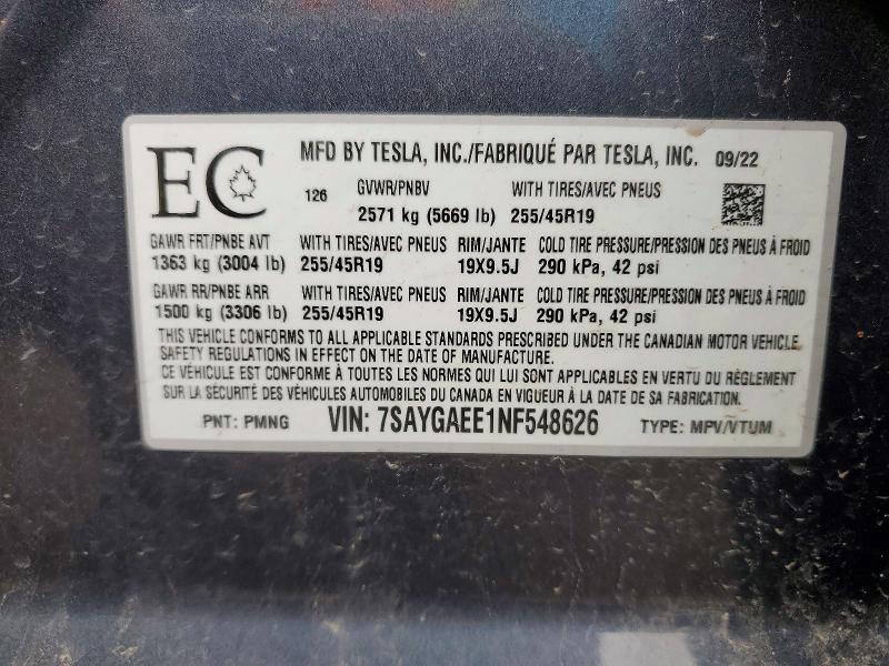 47206216 :رقم المزاد ، 7SAYGAEE1NF548626 vin ، 2022 Tesla Model Y مزاد بيع