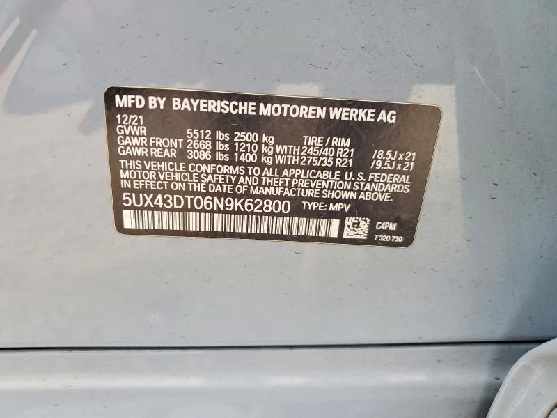 50289726 :رقم المزاد ، 5UX43DT06N9K62800 vin ، 2022 Bmw X4 مزاد بيع