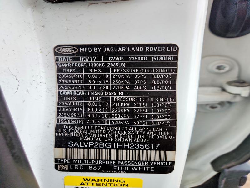 49954876 :رقم المزاد ، SALVP2BG1HH235617 vin ، 2017 Land Rover Range Rover Evoque مزاد بيع