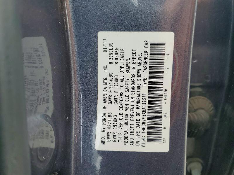 2017 Honda Accord მანქანა იყიდება აუქციონზე, vin: 1HGCR2F5XHA139576, აუქციონის ნომერი: 49671566