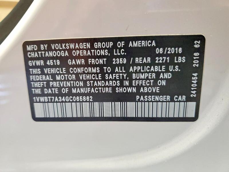 Продаж на аукціоні авто 2016 Volkswagen Passat, vin: 1VWBT7A34GC065862, номер лоту: 50006736