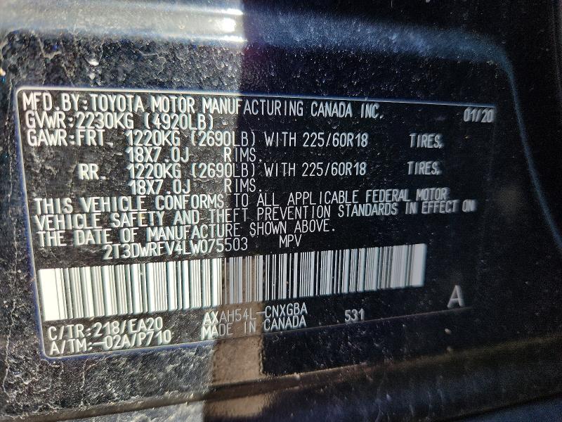 2020 Toyota Rav4 მანქანა იყიდება აუქციონზე, vin: 2T3DWRFV4LW075503, აუქციონის ნომერი: 49295236