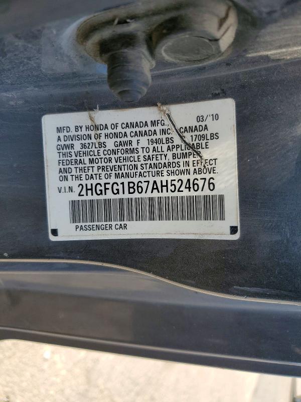 2010 Honda Civic მანქანა იყიდება აუქციონზე, vin: 2HGFG1B67AH524676, აუქციონის ნომერი: 49956206