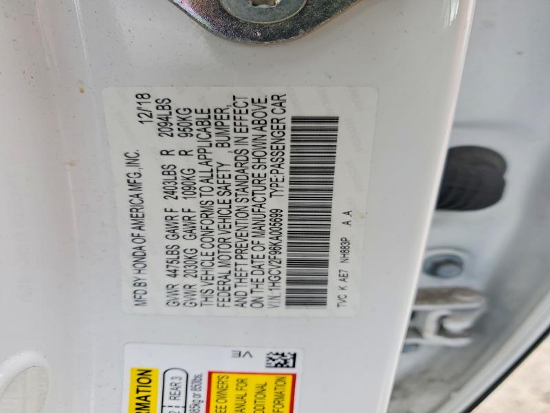 2019 Honda Accord მანქანა იყიდება აუქციონზე, vin: 1HGCV2F96KA005699, აუქციონის ნომერი: 48916256