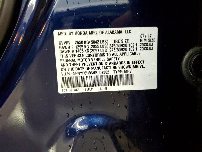 2017 Honda Pilot მანქანა იყიდება აუქციონზე, vin: 5FNYF6H93HB057362, აუქციონის ნომერი: 50108286