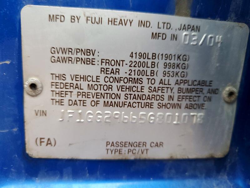 Auction sale of the 2005 Subaru Impreza Wrx Wagon Awd, vin: JF1GG29665G801078, lot number: 46724186
