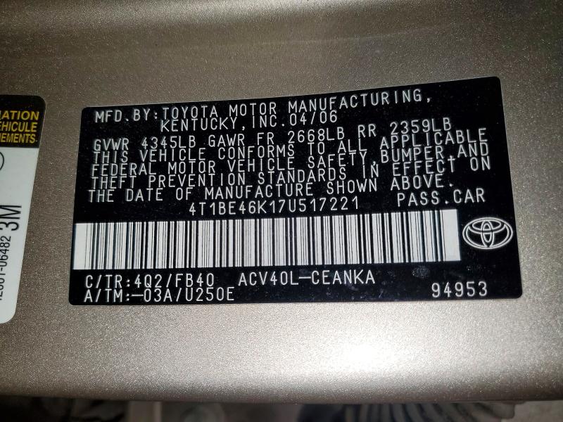 Auction sale of the 2007 Toyota Camry, vin: 4T1BE46K17U517221, lot number: 51585696