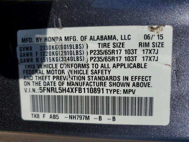 2015 Honda Odyssey მანქანა იყიდება აუქციონზე, vin: 5FNRL5H4XFB110891, აუქციონის ნომერი: 50081586