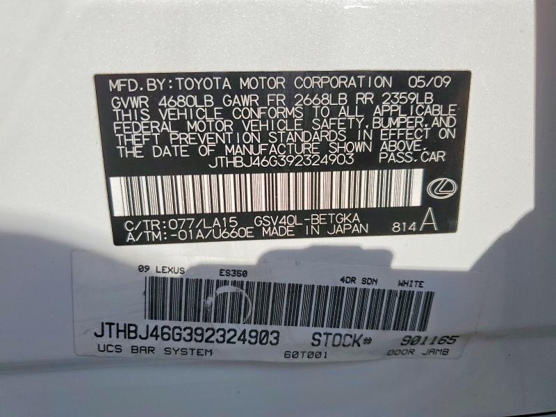 2009 Lexus Es მანქანა იყიდება აუქციონზე, vin: JTHBJ46G392324903, აუქციონის ნომერი: 49430506