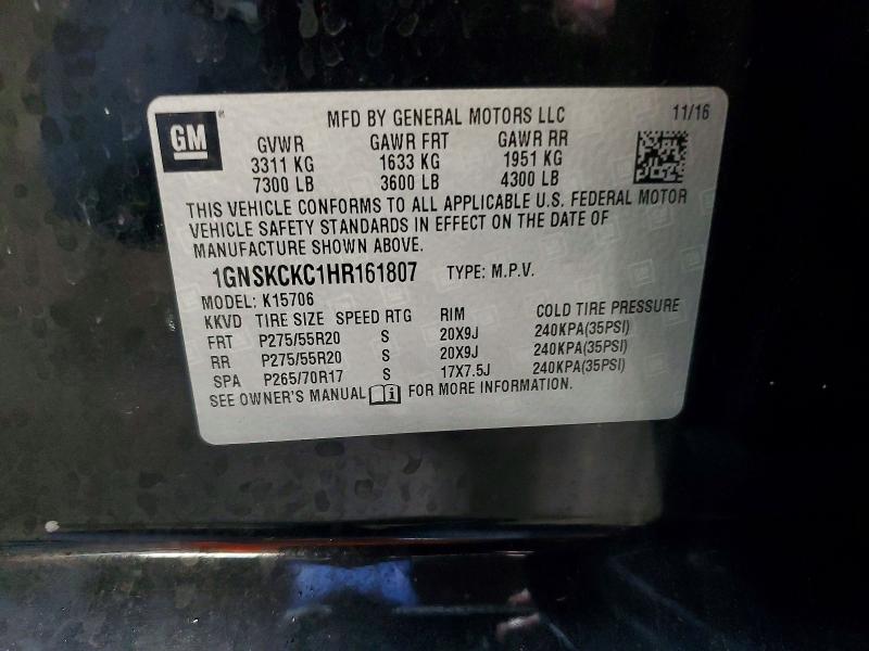 2017 Chevrolet Tahoe მანქანა იყიდება აუქციონზე, vin: 1GNSKCKC1HR161807, აუქციონის ნომერი: 48115986