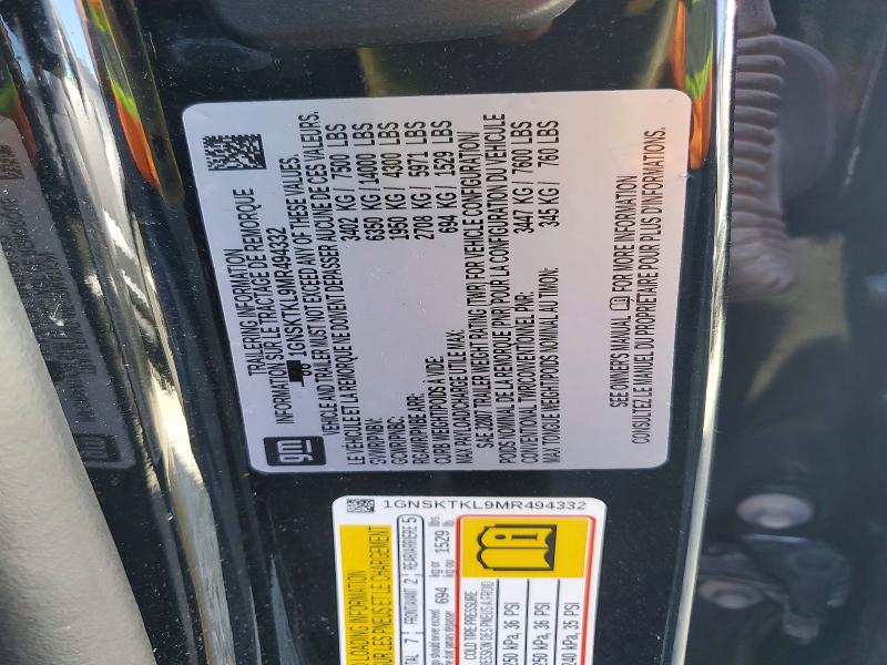 49716306 :رقم المزاد ، 1GNSKTKL9MR494332 vin ، 2021 Chevrolet Tahoe مزاد بيع