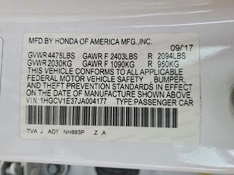 49874246 :رقم المزاد ، 1HGCV1E37JA004177 vin ، 2018 Honda Accord مزاد بيع