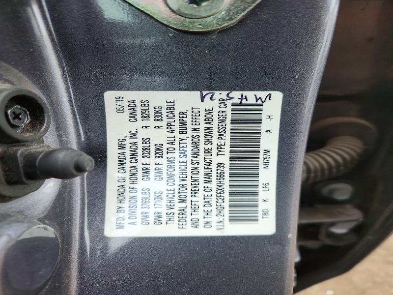 50958776 :رقم المزاد ، 2HGFC2F6XKH566739 vin ، 2019 Honda Civic مزاد بيع