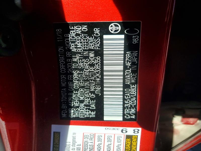 50133566 :رقم المزاد ، JTNB11HK2K3085356 vin ، 2019 Toyota Camry مزاد بيع