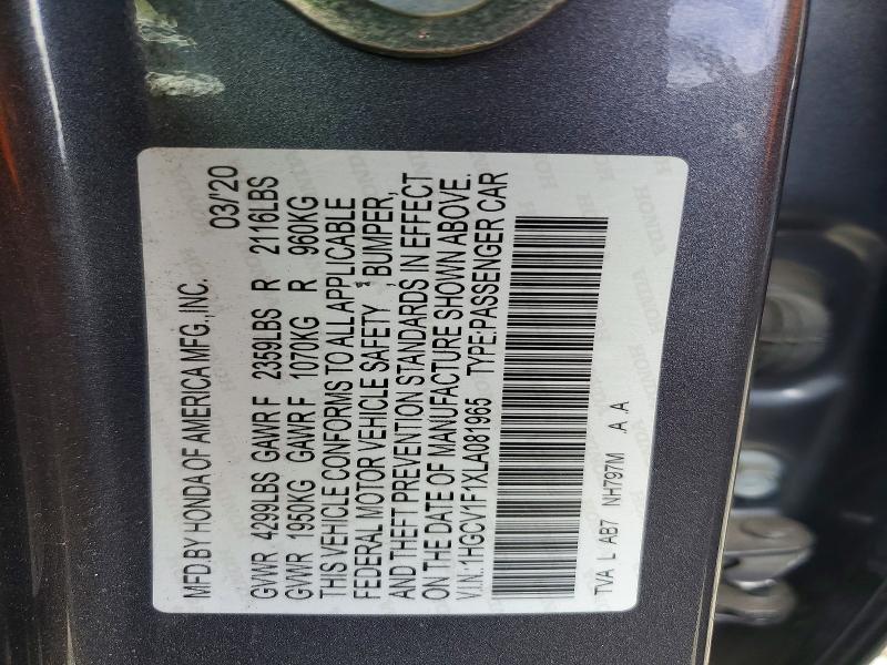 Продаж на аукціоні авто 2020 Honda Accord, vin: 1HGCV1F1XLA081965, номер лоту: 50578916