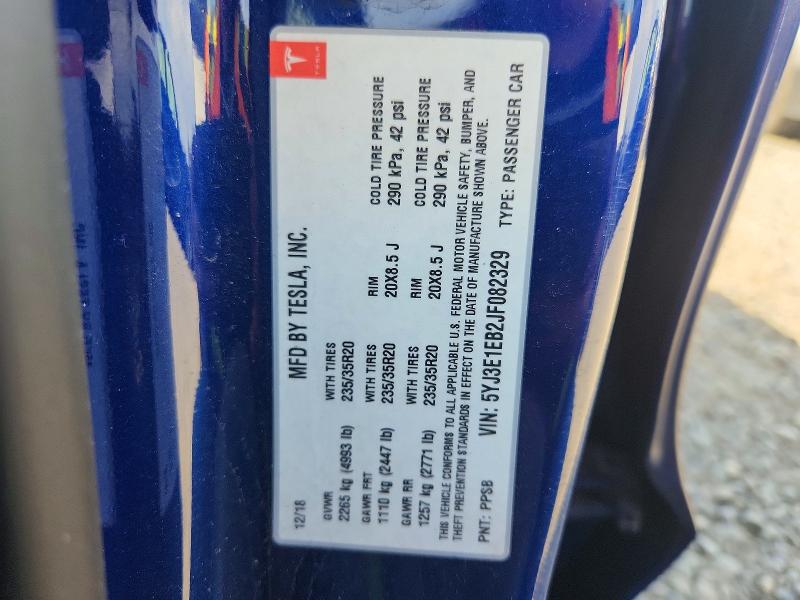 48858636 :رقم المزاد ، 5YJ3E1EB2JF082329 vin ، 2018 Tesla Model 3 مزاد بيع