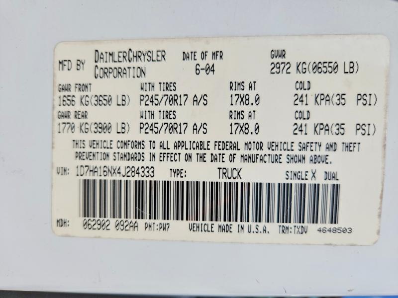 50963806 :رقم المزاد ، 1D7HA16NX4J284333 vin ، 2004 Dodge Ram 1500 مزاد بيع