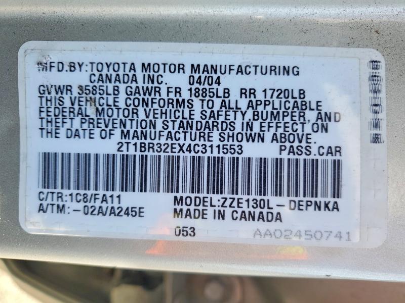 Продажа на аукционе авто 2004 Toyota Corolla, vin: 2T1BR32EX4C311553, номер лота: 51370706