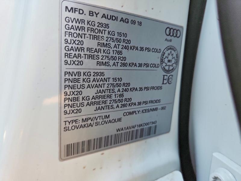 48637426 :رقم المزاد ، WA1AVAF16KD007343 vin ، 2019 Audi Q8 مزاد بيع