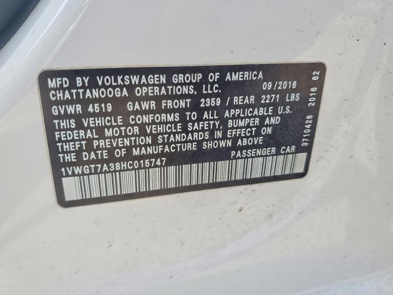2017 Volkswagen Passat მანქანა იყიდება აუქციონზე, vin: 1VWGT7A38HC015747, აუქციონის ნომერი: 51034446