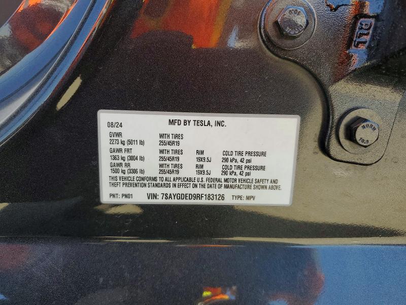 2024 Tesla Model Y მანქანა იყიდება აუქციონზე, vin: 7SAYGDED9RF183126, აუქციონის ნომერი: 51302216