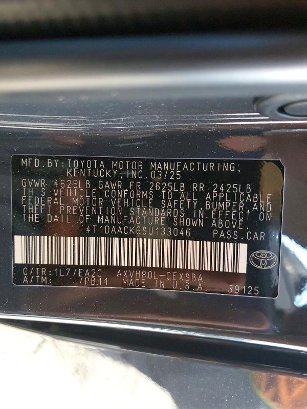 2025 Toyota Camry მანქანა იყიდება აუქციონზე, vin: 4T1DAACK6SU133046, აუქციონის ნომერი: 51457936