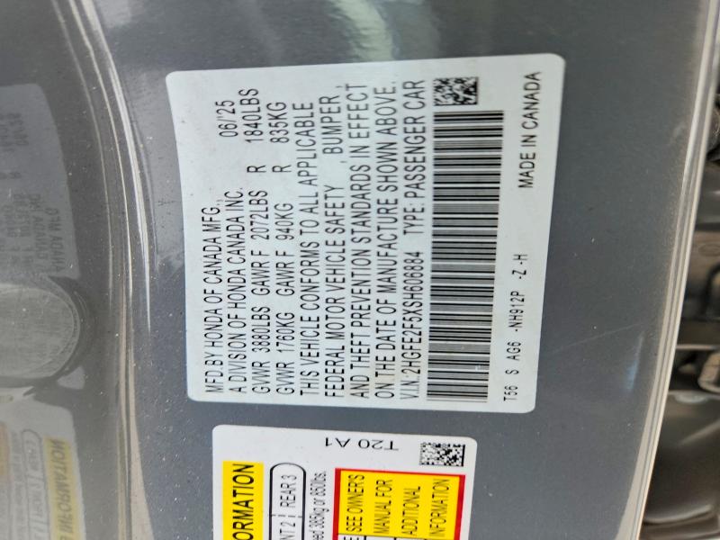 2025 Honda Civic მანქანა იყიდება აუქციონზე, vin: 2HGFE2F5XSH606884, აუქციონის ნომერი: 48691556