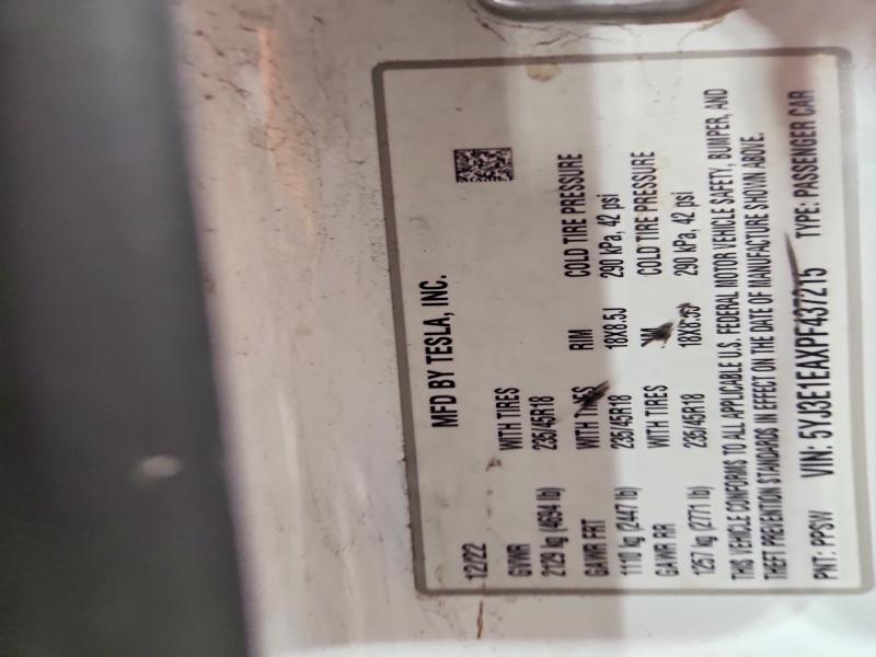 Продаж на аукціоні авто 2023 Tesla Model 3, vin: 5YJ3E1EAXPF437215, номер лоту: 51667066
