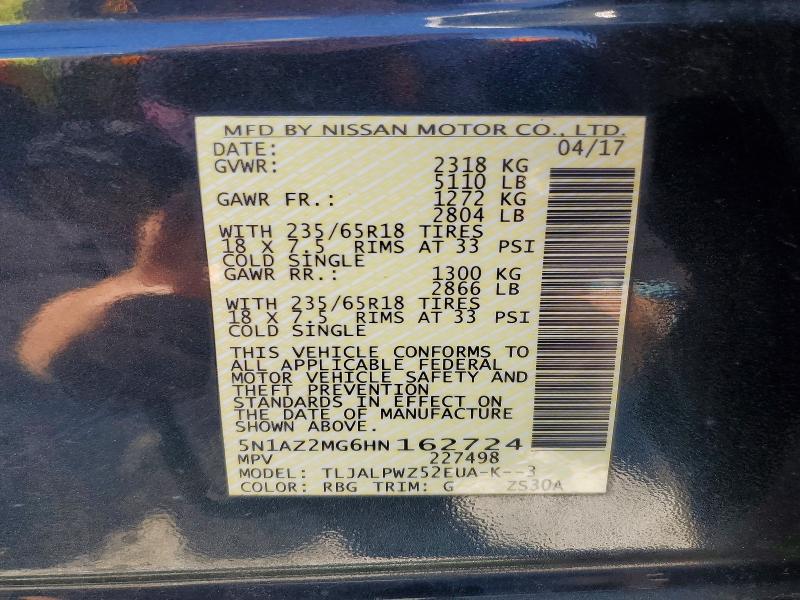 48920336 :رقم المزاد ، 5N1AZ2MG6HN162724 vin ، 2017 Nissan Murano مزاد بيع
