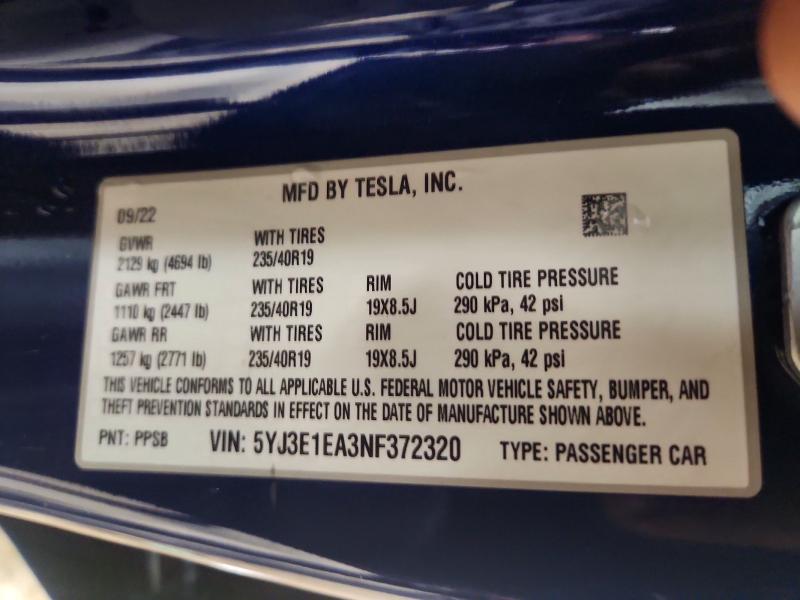 2022 Tesla Model 3 მანქანა იყიდება აუქციონზე, vin: 5YJ3E1EA3NF372320, აუქციონის ნომერი: 50014076