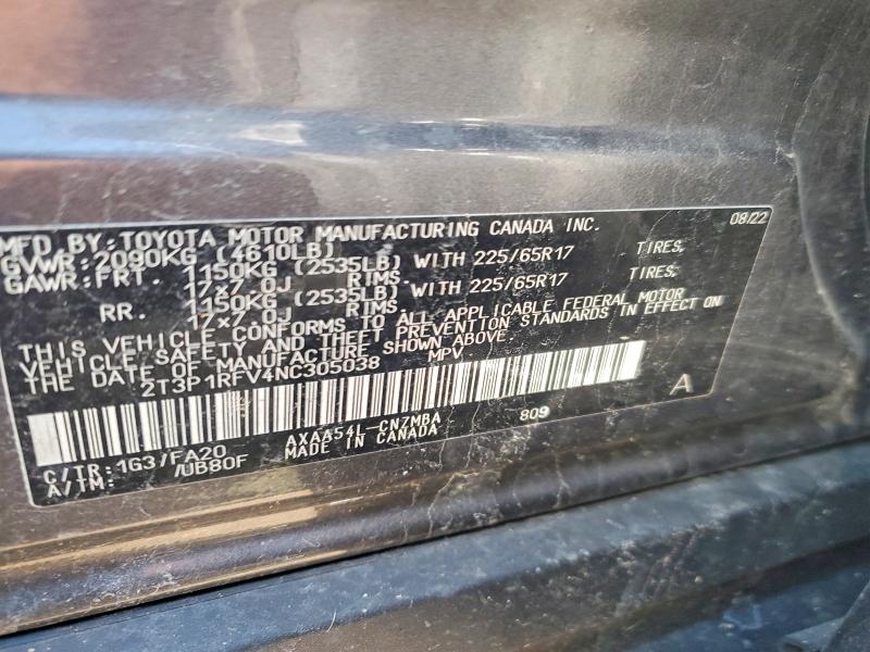 50432666 :رقم المزاد ، 2T3P1RFV4NC305038 vin ، 2022 Toyota Rav4 مزاد بيع