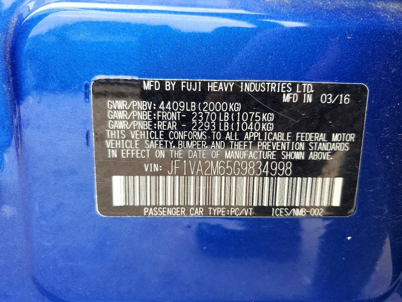 Продажа на аукционе авто 2016 Subaru Wrx, vin: JF1VA2M65G9834998, номер лота: 49718476