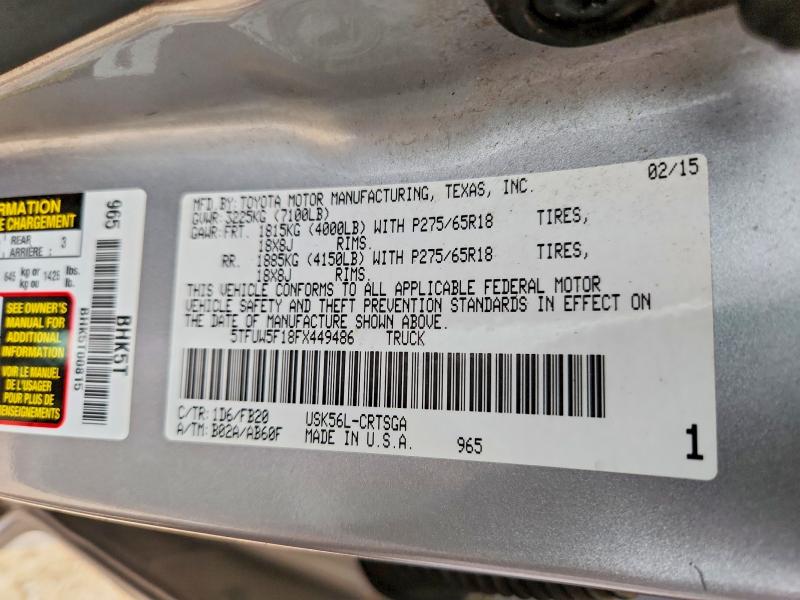 2015 Toyota Tundra მანქანა იყიდება აუქციონზე, vin: 5TFUW5F18FX449486, აუქციონის ნომერი: 52062136