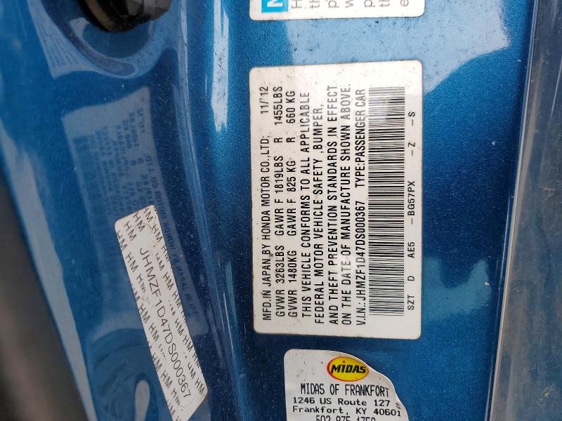 Aukcja sprzedaży 2013 Honda Cr-z, vin: JHMZF1D47DS000367, numer aukcji: 51407336