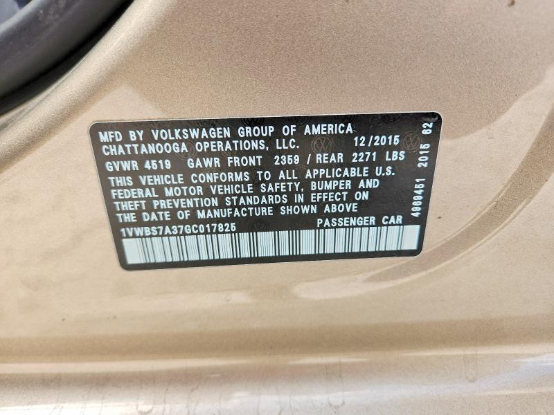 Продажа на аукционе авто 2016 Volkswagen Passat, vin: 1VWBS7A37GC017825, номер лота: 49105036
