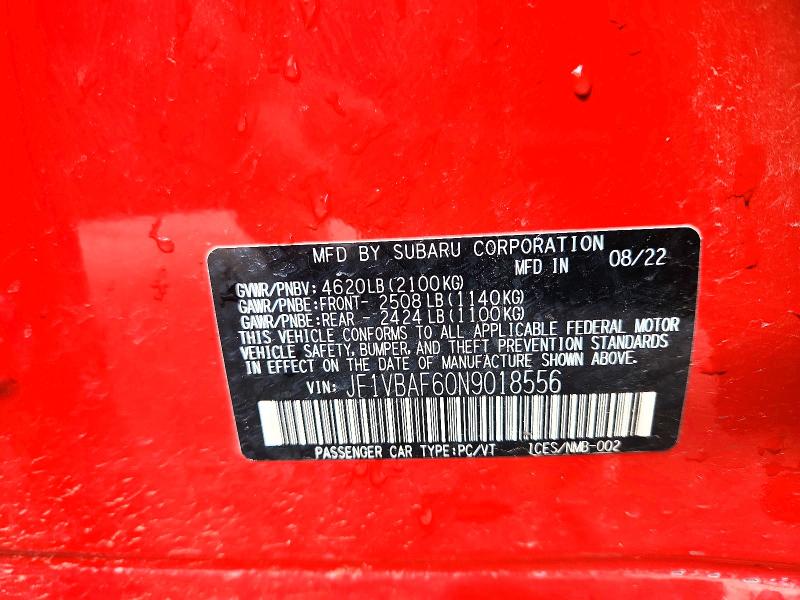 Aukcja sprzedaży 2022 Subaru Wrx, vin: JF1VBAF60N9018556, numer aukcji: 49644256