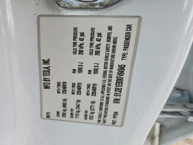 50590166 :رقم المزاد ، 5YJ3E1EB0KF494945 vin ، 2019 Tesla Model 3 مزاد بيع