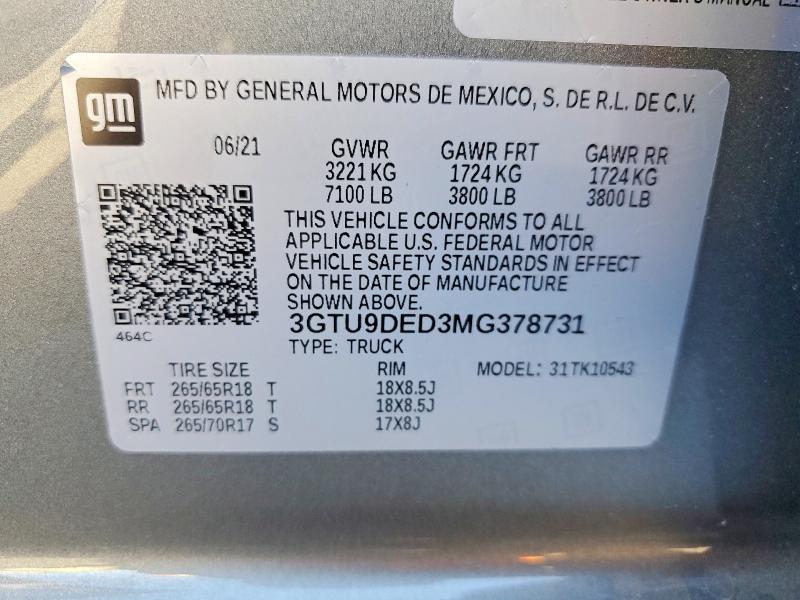 Продаж на аукціоні авто 2021 Gmc Sierra, vin: 3GTU9DED3MG378731, номер лоту: 48867866